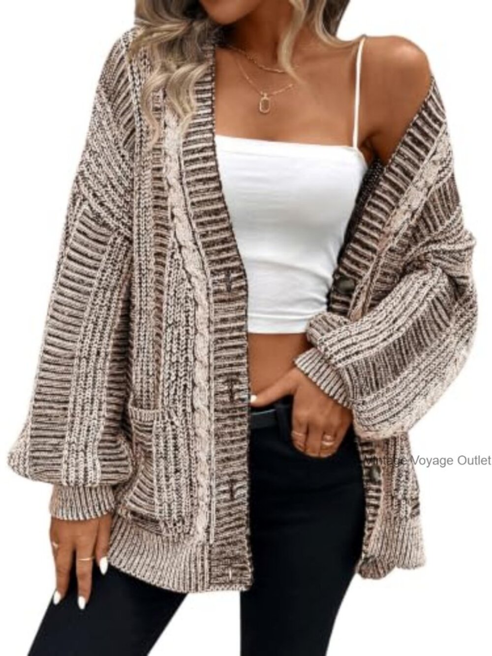 Oversized Cable Knit Cardigan Open Front Sweater Coat with Pockets
